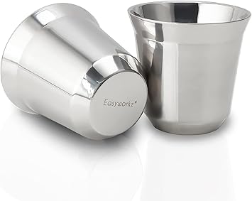 Easyworkz Stainless Steel Espresso Cup 2pcs Set Double Wall Insulated Metal Demitasse Cups 2.5 oz