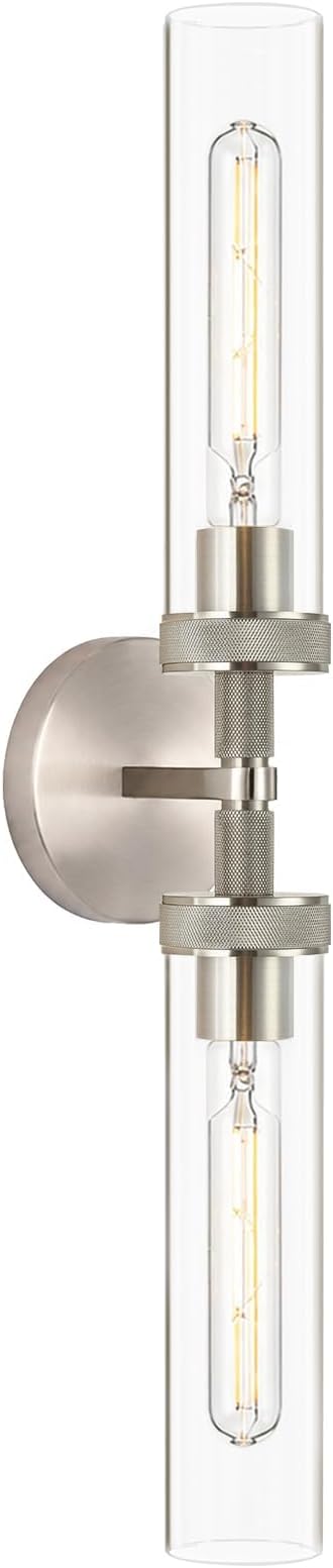 Vanity Lights for Bathroom,Knurled Texture 2-Light Brushed Nickel Wall Sconce,Clear Glass Vanity Mirror Lights,Modern Hardwired Chrome Bathroom Light Fixtures,Large Wall Lamps for Living Room,Bedroom