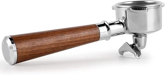 Double Spout Coffee Portafilter By with Stainless Steel Portafilters and Walnut Handle