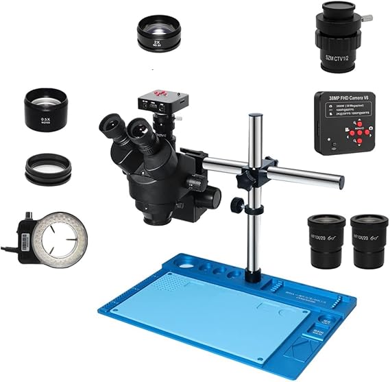 Microscope Accessories Kit 3.5X-90X Simul-Focal Trinocular Stereo Microscope with Camera Len LED Light for Phone PCB Soldering Repair Biological Lab Industrial Microscope Slides(38MP CTV 0.5X Lens)