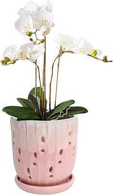 vensovo 6 Inch Ceramic Orchid Pot - Orchid Pot with Holes for Repotting, Ceramic Planter with Saucer for IndoorOutdoor Plants, Pink