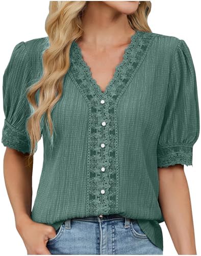Summer Tops for Women Trendy Short Sleeve Button Down Solid Color Lace Blouses V Neck Casual Loose Boho Tees Tunics