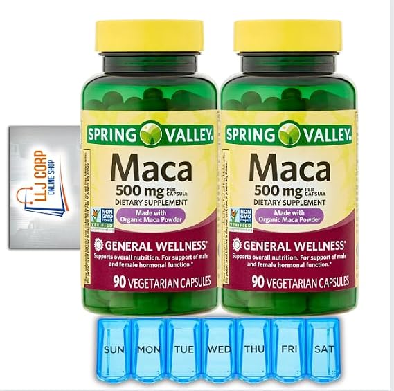 Spring Valley Maca Root 500mg Capsules, Organic Maca Root for Women and Men, Dietary Supplemen Pack 2 Bundle with Weekly Pill Planner + LLJ Corp.