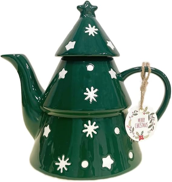 Domini Christmas Tree 28oz Teapot- Earthenware, Festive Holiday Serveware, Brewing Warm Winter Drinks - Beautiful Addition To Your Festive Table
