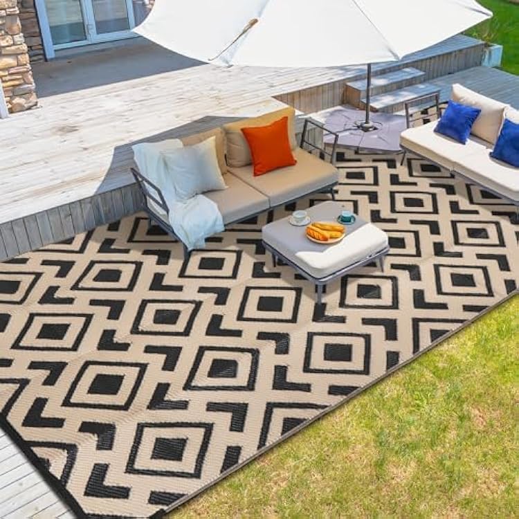 wikiwiki Outdoor Rug, 8x10ft Waterproof Reversible Mat Indoor Outdoor Rugs Carpet, Small Area Rug Plastic Straw Rug for Patio Deck Balcony Pool RV Camping Beach Picnic, Black & Beige, Rugscape Series