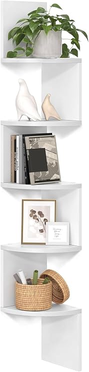 Zuvo Floating Corner Shelf 5 Tier - White Corner Bookshelf, Wall Mounted