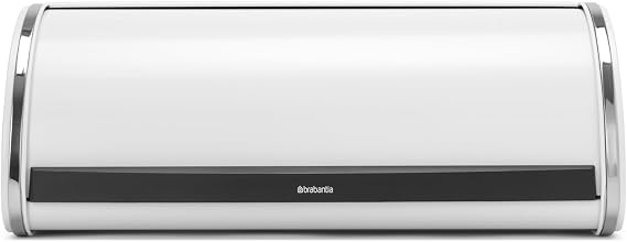 Brabantia Roll Top Bread Box | Large | White | Metal Front Opening Bread Store for Kitchen Countertop | Partly Flat Top for Extra Storage, Magnet Closing Lid | Fits 2 Loaves