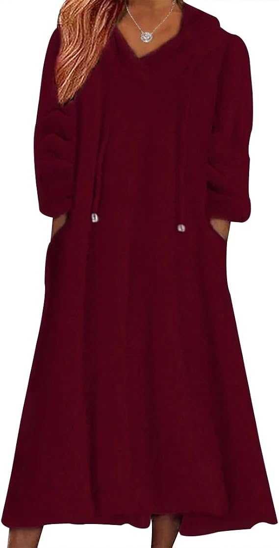 DMOYALA 2024 Women's Fleece Fuzzy Hoodies Dress Long Dress Oversized Hooded Sweatshirts Dress Warm Winter Hoodies with Pocket