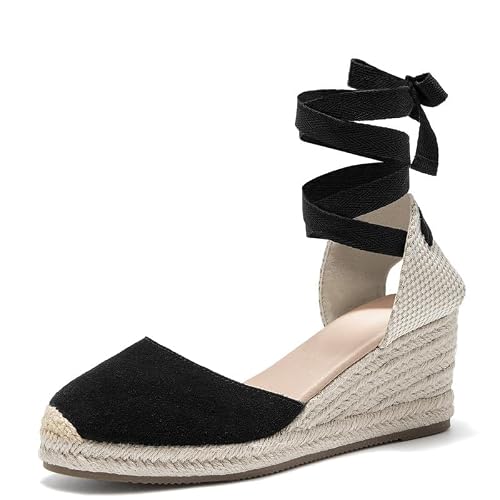 U-lite Womens Espadrille Wedge Sandals Closed Toe Platform Lace Up Ankle Strap Slingback Summer Dress Shoes