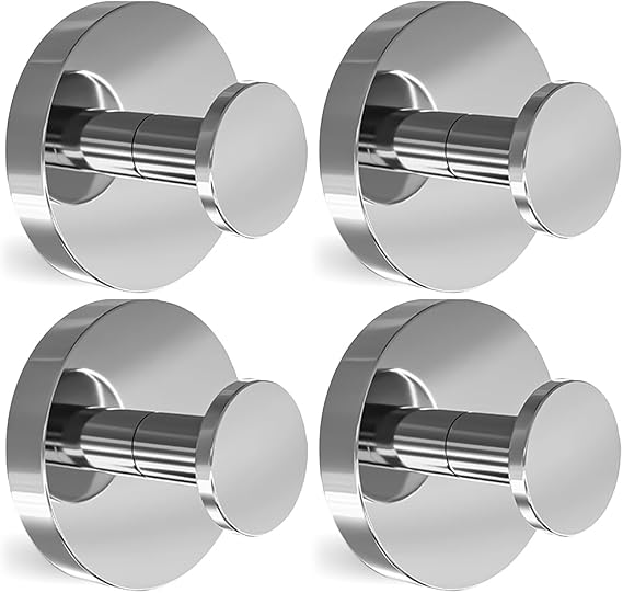 4-Pack Drill-Free Suction Cup Hooks, Stainless Steel Strong Vacuum Hooks for Bathroom Shower, Waterproof No Trace Towel Hangers, Only for Smooth Flat Surfaces (Polished Silver)