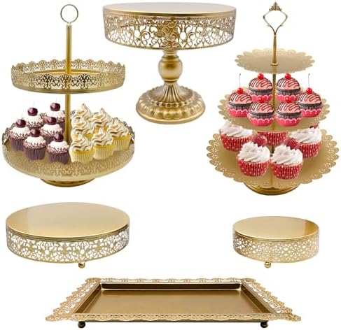 Hamiledyi Gold Cake Stand 7 Pcs, Metal Cupcake Stand Set Antique-Inspired Cake Stands Cupcake Tower Dessert Table Display Set for Wedding, Birthday Party, Baby Shower, Anniversary