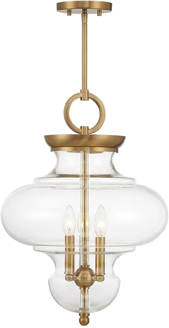 Savoy House 7-5801-3-322 Bergdorf Traditional Vintage Mid-Century Clear Glass Pendant, 3-Light 180 Total Watts, 22" H x 15" W, Warm Brass
