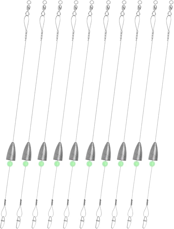 Carolina Fishing Rigs,12inch Steel Fishing Leaders with Weight,Pre-Rigged Carolina Rigs with Fishing Weight 1/6oz,1/4oz,1/2oz,10pcs