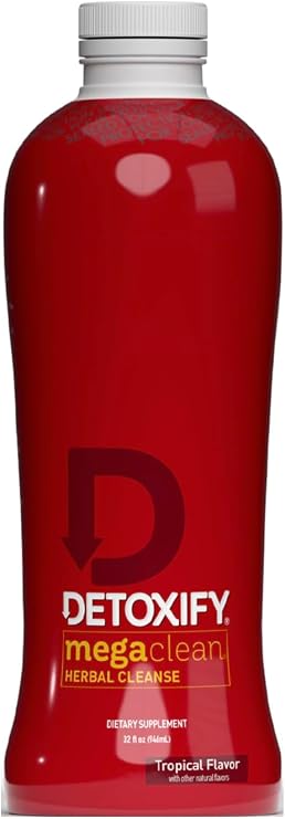 Detoxify Mega Clean Herbal Cleanse Tropical 32 oz Professionally Formulated Herbal Detox Drink Enhanced with Milk Thistle, Ginseng Root & Guarana Seed Plus Sticker