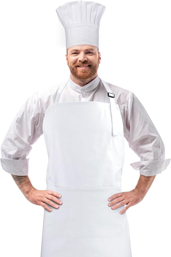 Chef Apron and Hat set, Chef Hat with Hook and Loop Tape,White Apron