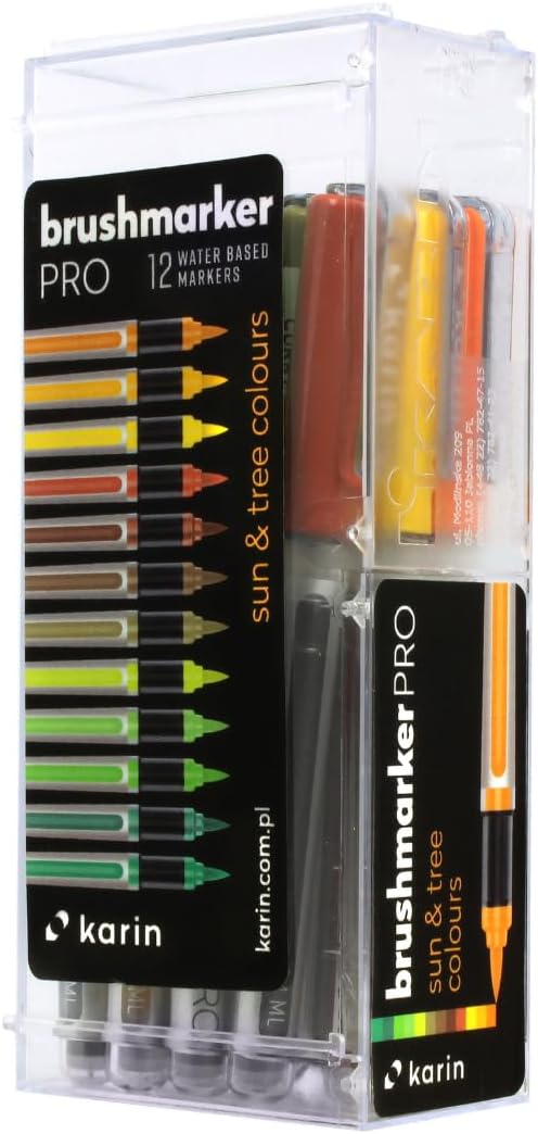Karin Brushmarker Pro 12pc Sun and Tree Colors brush tip markers Set, Blendable, Water-Based, Brush Markers for Adults and Artists, 12 Mixable Colors, Adult Markers for Coloring Books and more