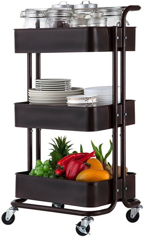 Multibao 3 Tier Storage Trolley on Wheels Cart Kitchen Utility Rolling Rack Tray Shelf for Kitchen Bathroom Laundry and Office (Black)