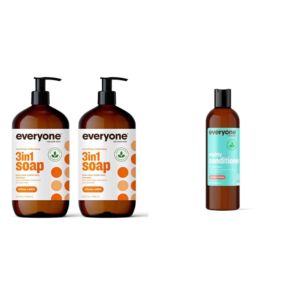 Everyone 3-in-1 Soap, Body Wash, Bubble Bath, Shampoo, 32 Ounce Pack of 2, Citrus and Mint, Coconut Cleanser with Plant Extracts and Pure Essential Oils & Mighty Conditioner, 12 OZ