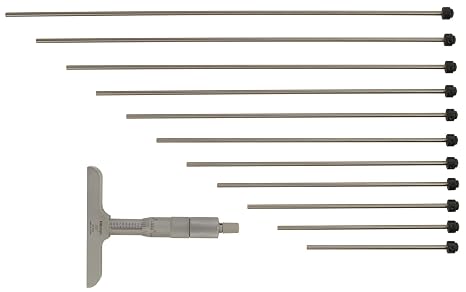Mitutoyo 129-150 Vernier Depth Gauge, Interchangeable Rods, Micrometer Type, 0-12" Range, 0.001" Graduation, +/-0.00024" Accuracy, 2.5" x 0.63" Base, 12 Rods