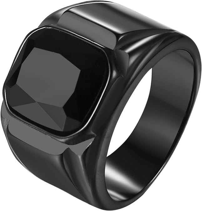 Oidea Black Signet Rings for Men: Square Onyx Ring Fancy Cut Synthetic Gemstone Ring Stainless Steel Men's Rings Thumb Pinky Ring Biker Statement Ring Jewelry Gift, Size 8-13