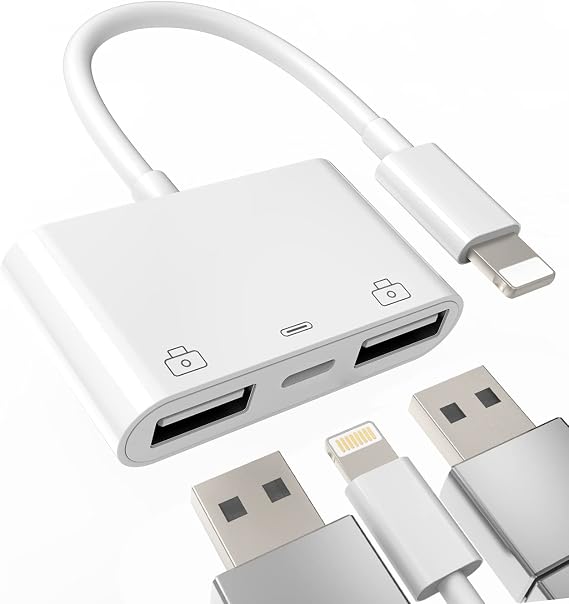 iPhone OTG Adapter Lightning Male to Dual USB Female Charger Cable Dongle Camera Memory Stick Flash Drive Cord Reader Mouse Keyboard Converter Charging Card Splitter for Apple 14 13 12 11 Pro Max 8 7