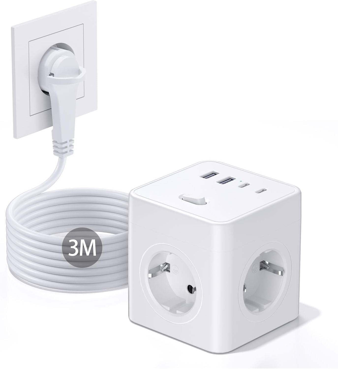 Socket Cube with USB 8-in-1 Socket Strip Flat Connector with Switchable 4-Way Power Strip with 4 USB Multiple Socket Power Cube with Pull Ring 3 m Cable for Home/Office/Travel White