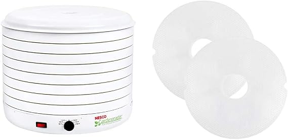 Nesco FD-1018A Gardenmaster Pro Food Dehydrator, for Jerky and Snacks, White & NESCO LM-2-6 Round Plastic Mesh 13 1/2" Clean-A-Screens, for Dehydrators, 2 Pack