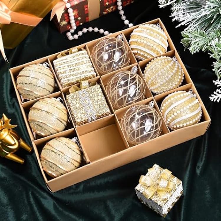 Dolicer 12Pcs 80mm3.15inch Champagne Christmas Ball Ornaments Set, Shatterproof Hanging Christmas Tree Glitter Ornaments Bulk for Xmas Tree Holiday Wedding Party Decorations Champagne