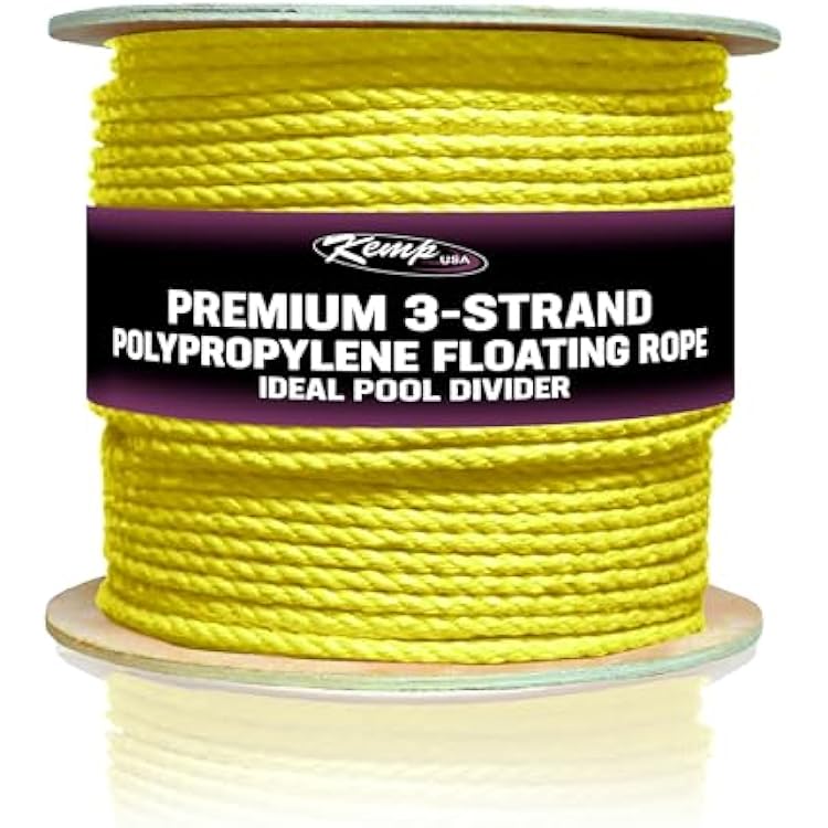 Kemp USA 600 ft Spool 3-Strand Polypropylene Floating Rope, 38 Inch, UV-Stabilized & Rot-Resistant Anchor Rope for Pools, Lakes & Golf Courses, Yellow