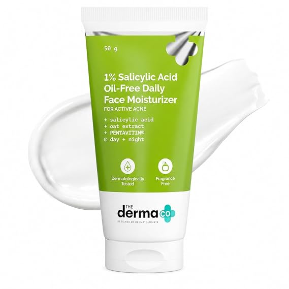 The Derma Co 1% Salicylic Acid Oil-Free Moisturizer For Face with Oat Extract Fights Active Acne Deeply Moisturizes 50 g