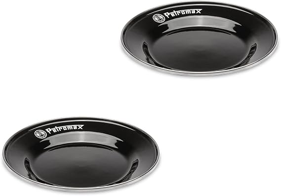 Petromax Enamelware Dinnerware Plates, Traditional Lightweight Enameled Steel Tableware for Kitchen and Camping, 2 Pack for Hot or Cold Food, 7 inch, Black