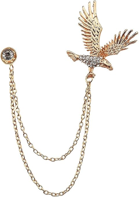 Eagle Hawk Wing Brooch Pin with Tassel Hanging Chain Silver Gold Metal Rhinestone Brooch for Men Women Lapel Pins for Clothes Suit Coat Tie Accessories