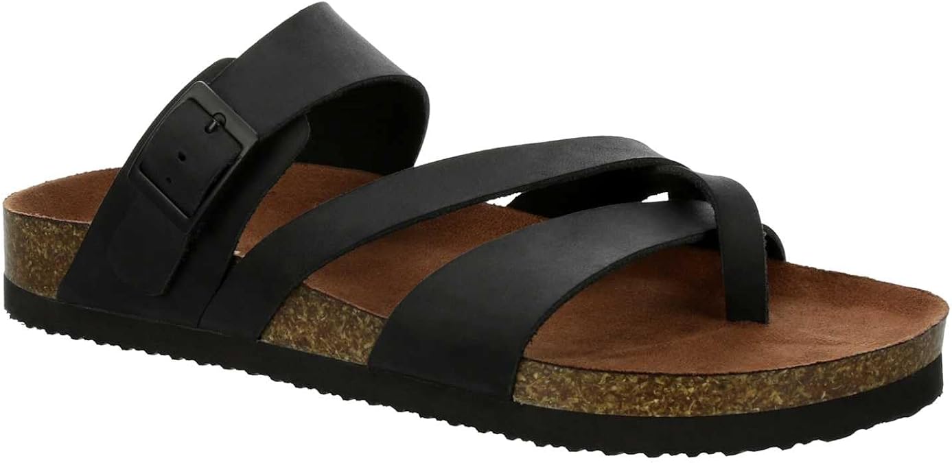 Bjorndal Eden - Women's Casual Flat Strappy Slip-On Cork Footbed Sandals Black, Size 8.0 Medium Width