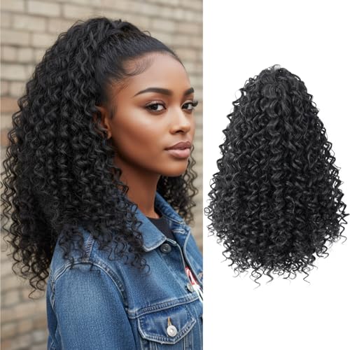 16 Inch Kinky Curly Deep Wave Drawstring Ponytail Extension for Black Women - Synthetic Hairpiece with 2 Clips, Perfect for Daily Wear Natural Black