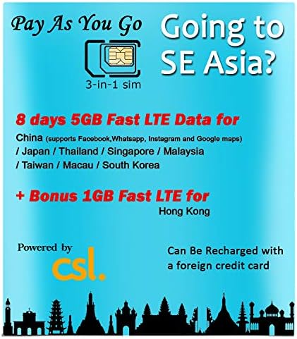 Super SE Asia Roaming SIM by CSL 5GB  1GB Hong Kong only Fast 4G Data to use in China, Japan, Thailand, Singapore, Malaysia, Taiwan, Macau, and South Korea Over 8 Days. Ideal for The Canton FAIRS!