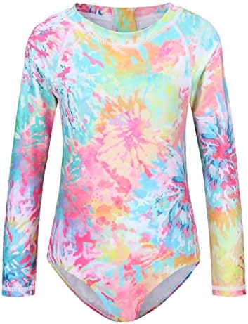 Girls Long Sleeve Rash Guard One Piece Swimsuits for Kids Tie Dye Bathing Suit UPF 50 Swim Shirts 3-16 Years