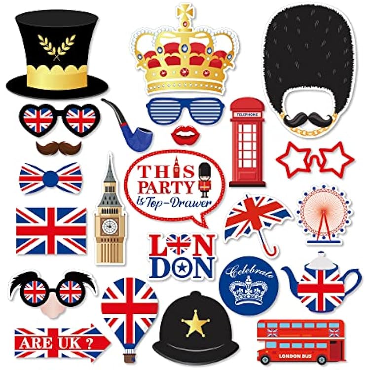 25pcs British Photo Booth Props with Stick Funny British Party Props National Day Party Decorations British Selfie Props UK England Selfie Props for London Union Flag Patterns Party Decoration