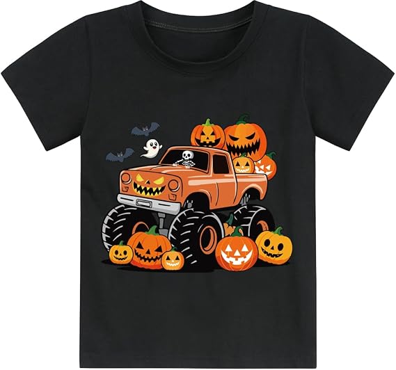 Toddler Little Boy Girl Halloween Shirt Kid Pumpkin Face Glow in The Dark Skeleton Truck Tshirt Short Sleeve Tee Top