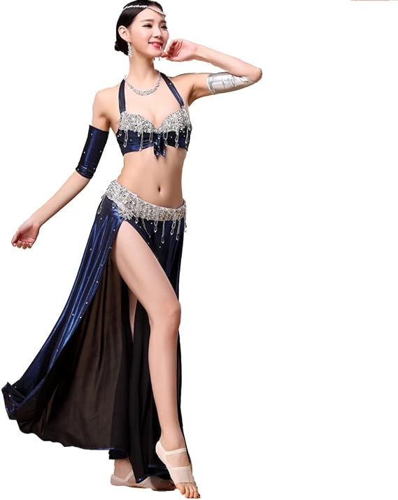 Belly Dancer Adult Costumes Belly Dance Performance Outfit Belly Dance Top Bra and Slit Ruffles Long Skirts Set