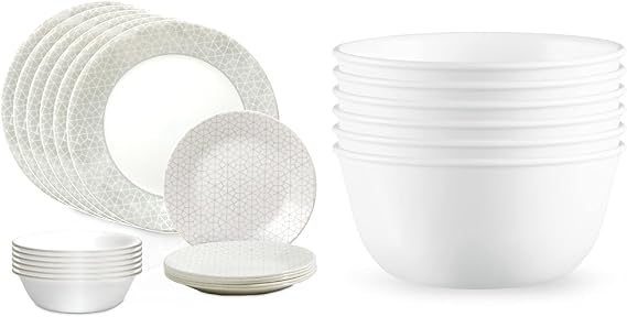Corelle Vitrelle 18 Piece Glass Dinnerware Sets, Service for 6 & 28 oz Soup Bowls Set of 6, Triple Layer Chip Resistant