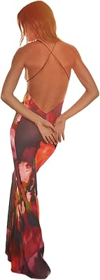 XPONNI Women Cutout Backless Maxi Dress Sexy Sleeveless, Sheer Halter Maxi Dress, Deep Plunge Dress with Lace Strap