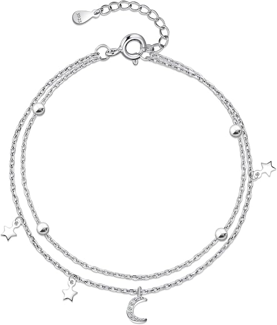 Moon and Star Friendship Bracelet, Adjustable Silver Charm Bracelet with Cubic Zirconia, Women's Birthday Gift