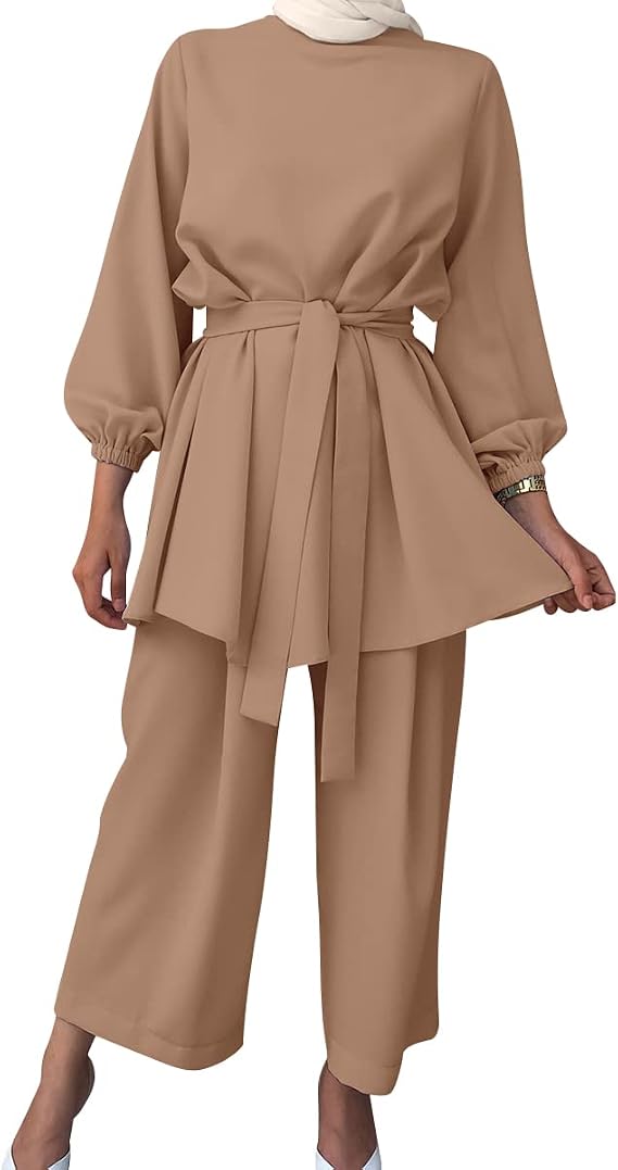 OBEEII Middle East Arabic Outfits for Womens Long Sleeve Top Wide Leg Pants Set Dubai Islamic Muslim Clothes