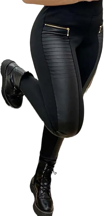 Flamingals Faux Leather Leggings for Women Tummy Control High Waisted | Motorcycle Leggings Women with Pockets Patch Zip, Pants for Women, High Waist, Faux Leather Look