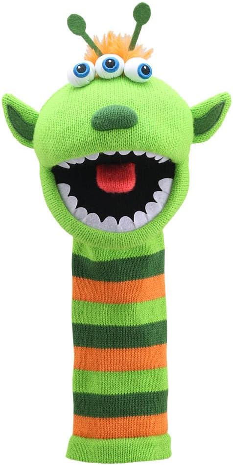 The Puppet Company Narg Sockette - Colourful, Eco-Friendly Alien Hand Puppet Toy with Three Eyes, Antennae & Squeaker - Fun & Interactive Play for Kids & Adults - Made from Recycled Materials – 38cm