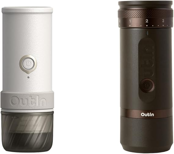 OutIn Mino with Fino, Portable Electric Espresso Machine with Portable Electric Coffee Grinder (White & Brown)