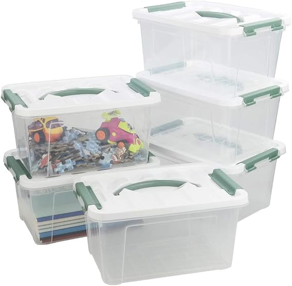 Kiddream 6 Liter Clear Storage Boxes, Samll Plastic Containers Boxes with Lids and Handles Set of 6 (Green Handle)