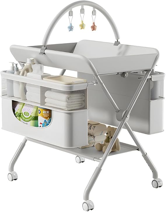 Baby Changing Table,Foldable Baby Changing Unit with Wheels,4 in 1 Nursery Station,Storage Basket & Rail,Space-Saving,for Changing Clothes and Diapers,Grey