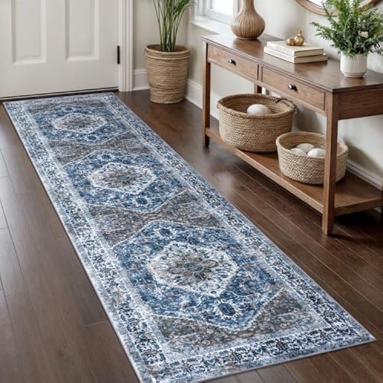 KOZYFLY Runners for Hallways 2x8 Ft Washable Kitchen Runner Rug Boho Runner Rug for Entryway Indoor Blue Printed Oriental Faux Wool Floor Carpet Runner for Bedroom Kitchen Hall