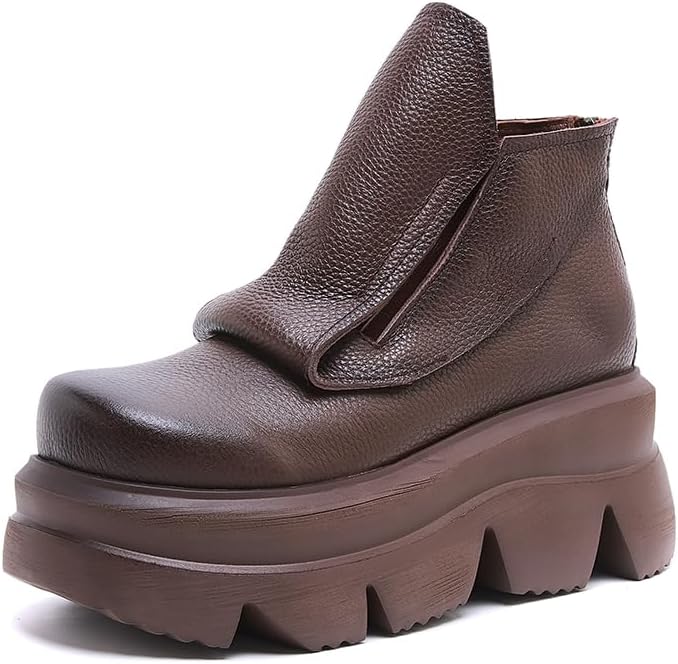 Spring Autumn Winter New Retro Real Cow Leather Chunky Platform Wedges Genuine Leather Women Vintage Ankle Short Boots 41010